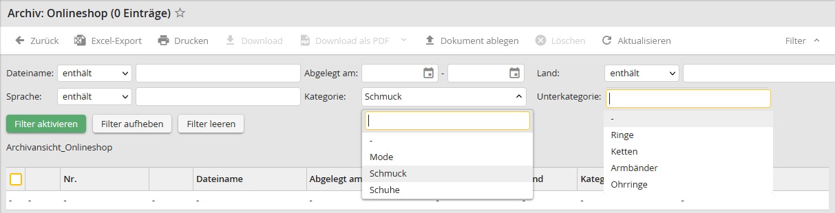 Listenabhängige Auswahllisten - Beispiel: Anhand des Filters Kategorie wird der Filter Unterkategorie ermittelt