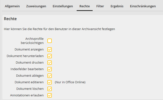 Archivansicht bearbeiten – Registerkarte Rechte