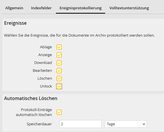 Archiv bearbeiten – Registerkarte Ereignisprotokollierung