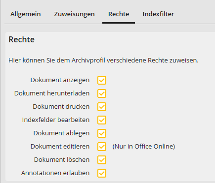 Archivprofil bearbeiten – Registerkarte Rechte