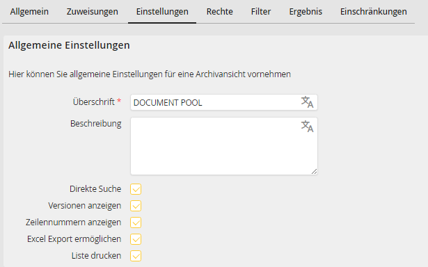 Archivansicht bearbeiten – Registerkarte Einstellungen