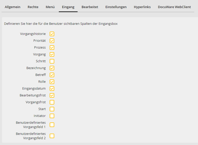 Eingangsbox-Spalten definieren Eingangsbox-Spalten definieren