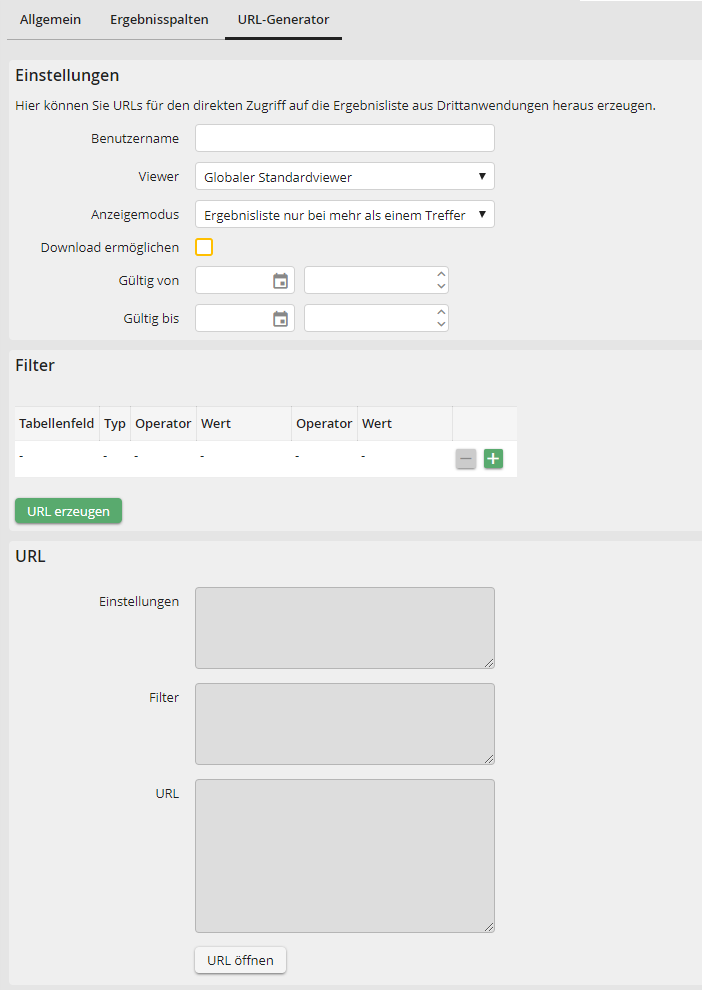 Ergebnisliste bearbeiten – Registerkarte URL-Generator