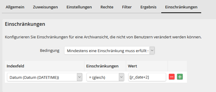 Archivansicht bearbeiten – Registerkarte Einschränkungen
