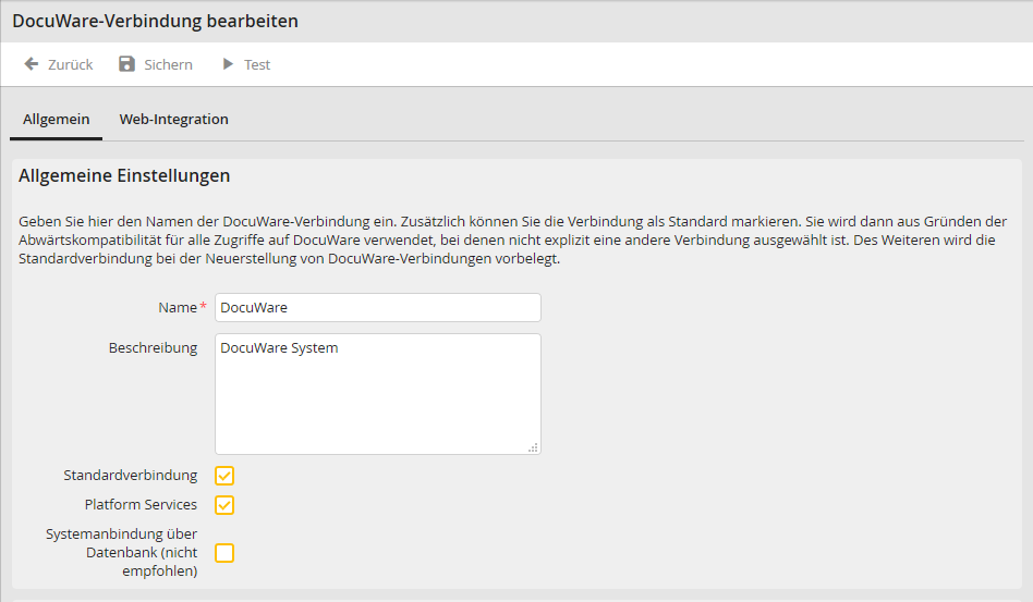 DocuWare-Verbindung bearbeiten: Allgemeine Einstellungen.