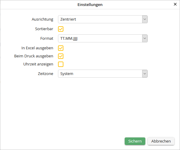 Datumsfeld-Einstellungen