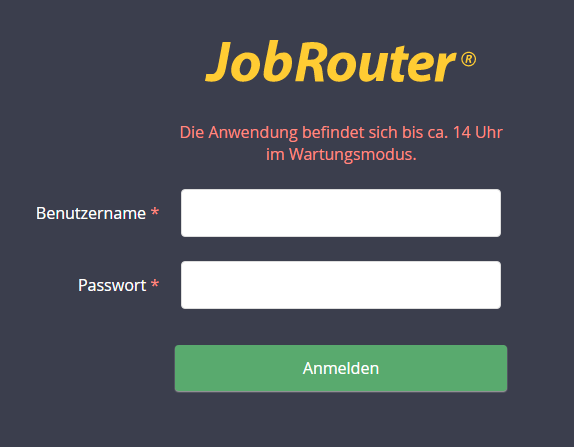Wartungshinweis auf der Anmeldeseite