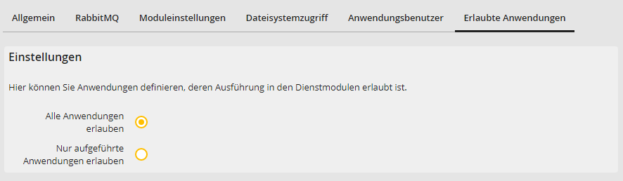 Instanz bearbeiten - Erlaubte Anwendungen