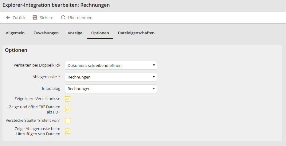 Registerkarte Optionen: Erweiterte Optionen