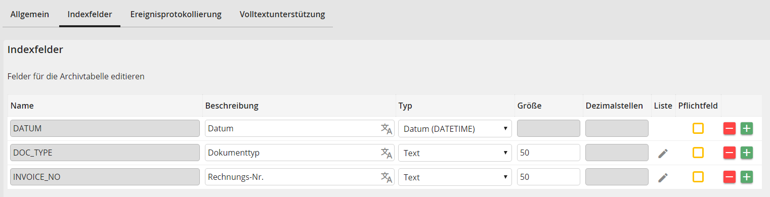 Archiv bearbeiten – Registerkarte Indexfelder