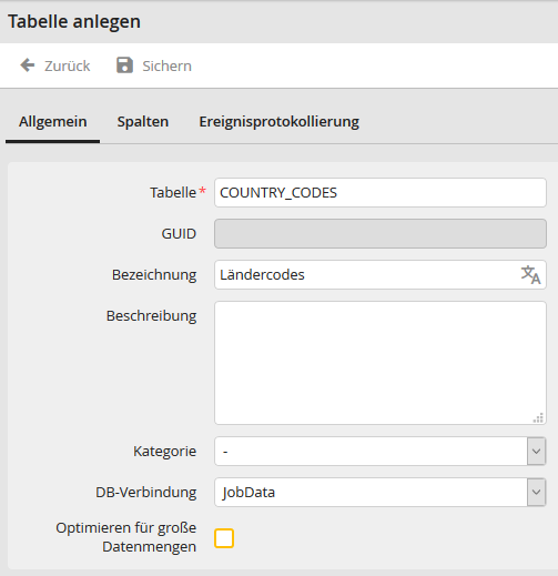 Tabelle anlegen: Registerkarte Allgemein