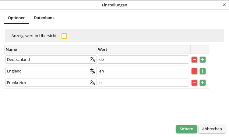 Anzeigetyp Liste: Erweiterte Einstellungen - Optionen