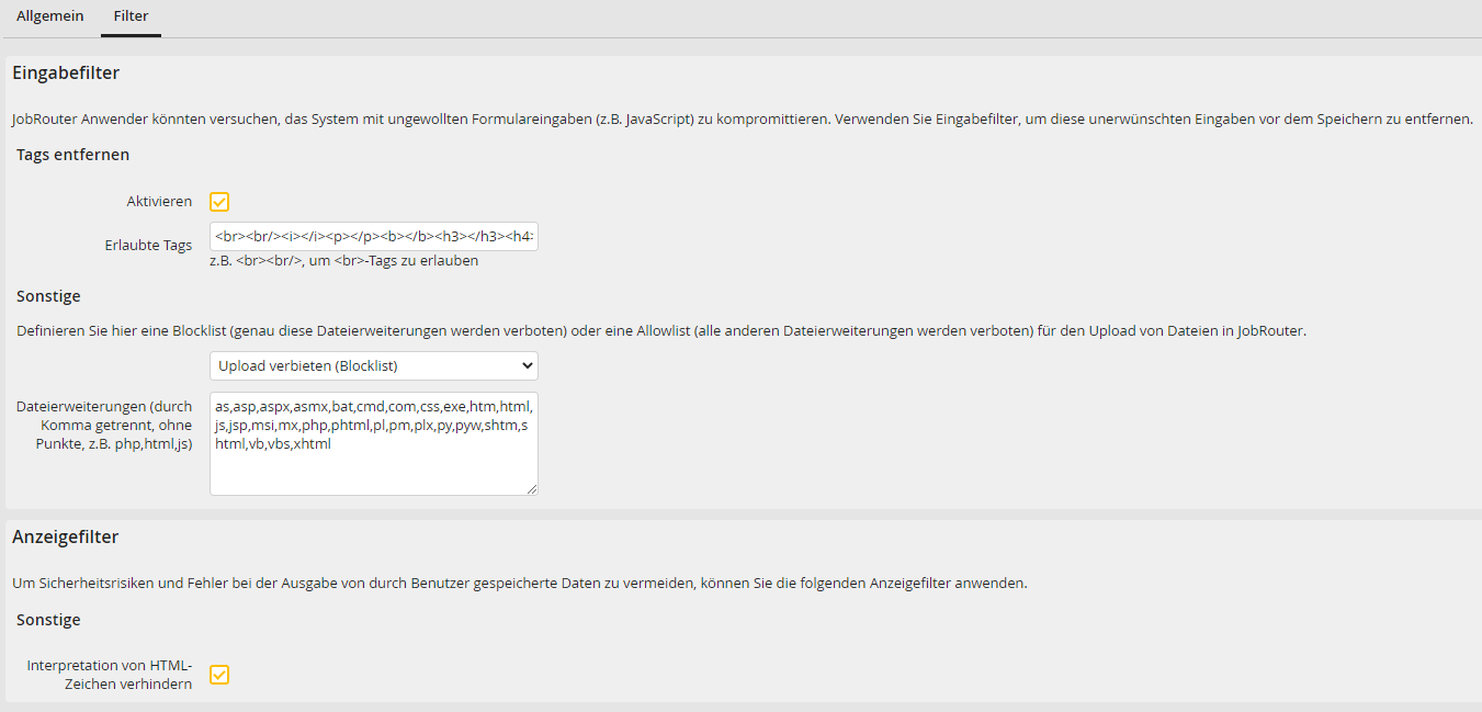 Sicherheitseinstellungen - Filter