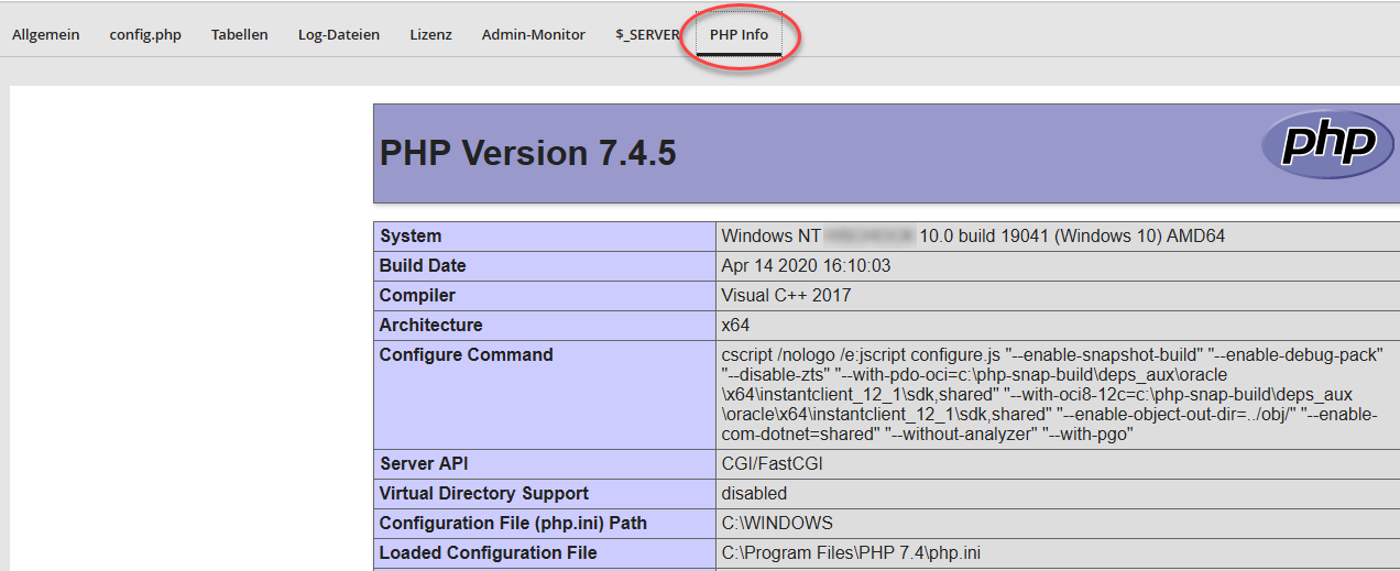 Analyseergebnis – Registerkarte PHP Info