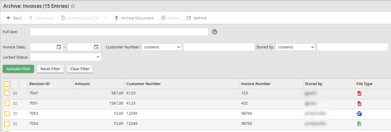 Example: Filled archive view with list-dependent select lists