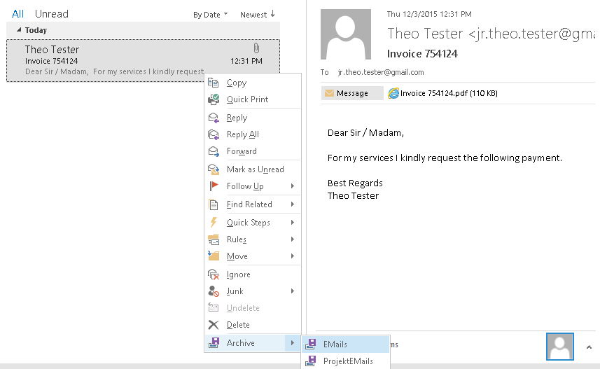 Archiving via the context menu of Microsoft Outlook