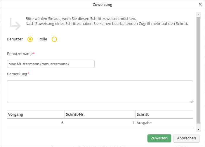 Schritt einem Benutzer oder einer Rolle zuweisen