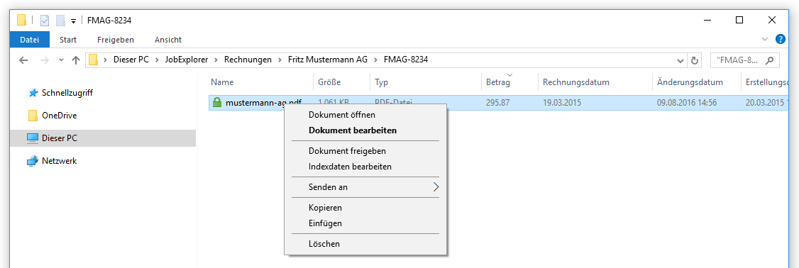 Kontextmenü bei einer gesperrten Datei