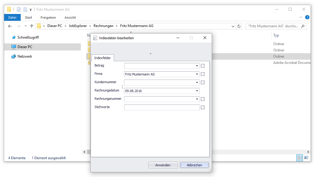 Dialog "Indexdaten bearbeiten" nach Drag and Drop einer Datei in ein Indexfeld-Verzeichnis
