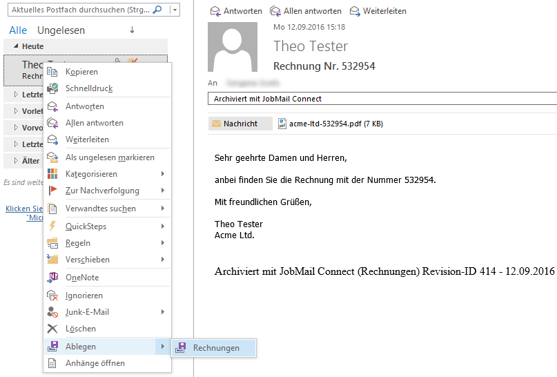 Archivierung über das Kontextmenü von Microsoft Outlook