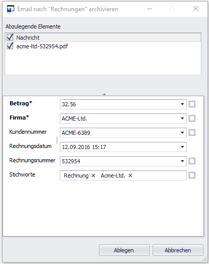 Dialog mit den Indexfeldern