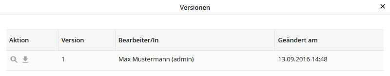 Popup zur Anzeige der Versionen eines Dokuments