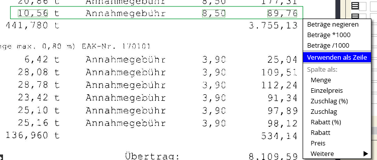 VerwendenAlsZeile