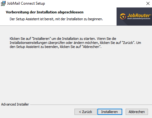 Vorbereitung der Installation abgeschlossen