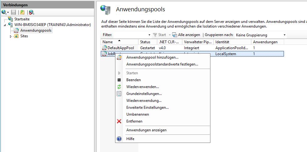 Übersicht der verfügbaren Anwendungspools