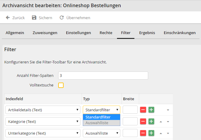 Archivansicht bearbeiten – Registerkarte Filter