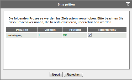 Anzeige der zu übertragenden Prozesse