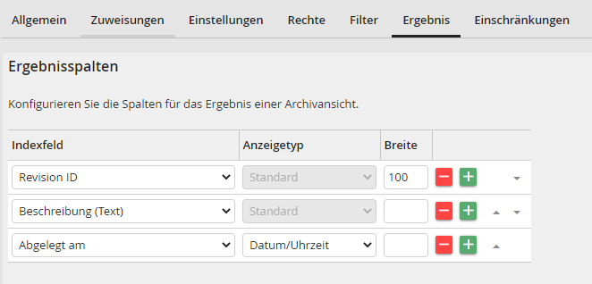 Archivansicht bearbeiten – Registerkarte Ergebnis
