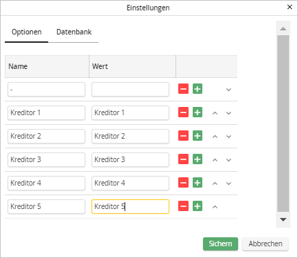 Filterfeld vom Typ Auswahl - Optionen