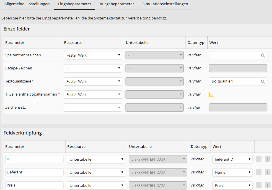 CSV-Systemaktivität: Eingabeparameter