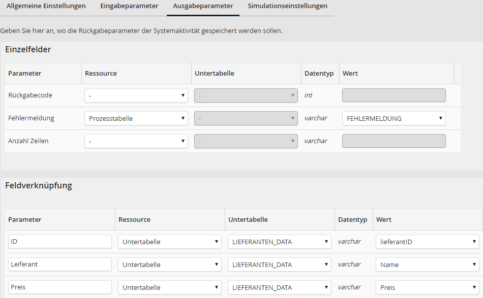 CSV-Systemaktivität: Ausgabeparameter