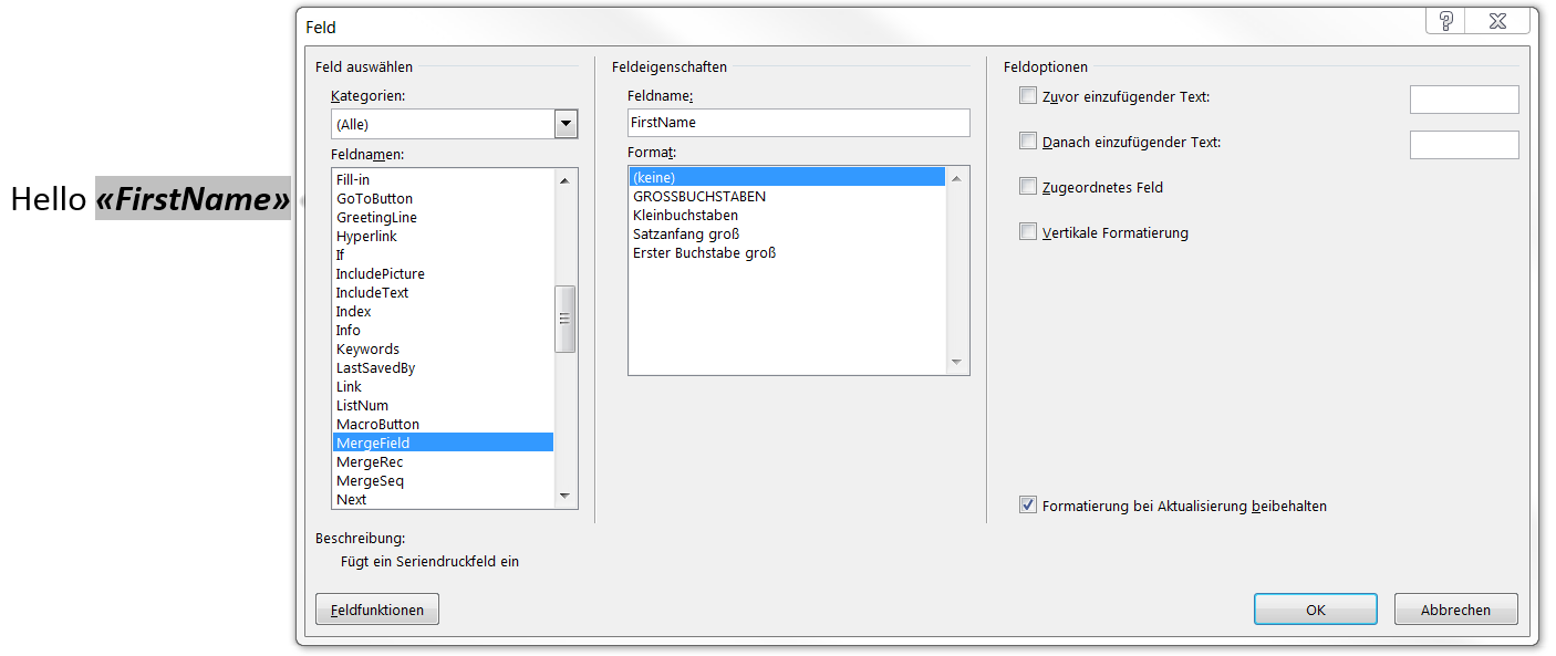 Definition eines Seriendruckfeldes