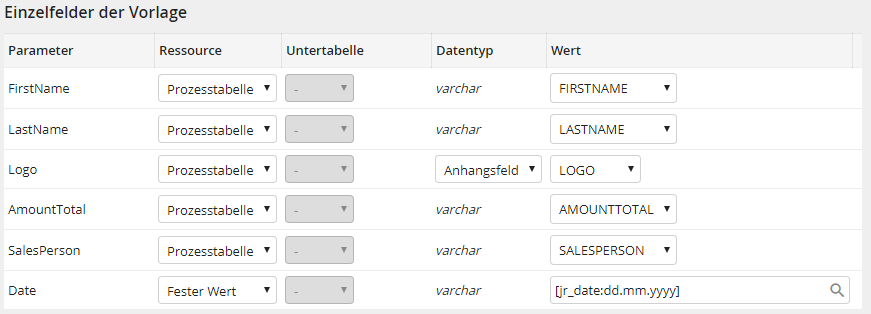 Eingabeparameter: Einzelfelder der Vorlage