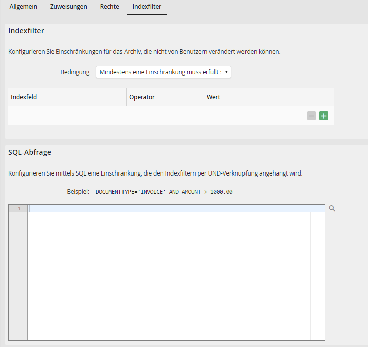 Archivprofil bearbeiten – Registerkarte Indexfilter Archivprofil bearbeiten – Registerkarte Indexfilter