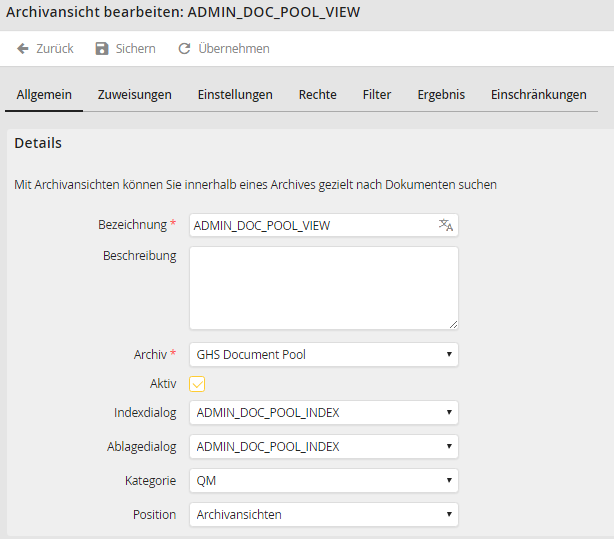 Archivansicht bearbeiten – Registerkarte Allgemein