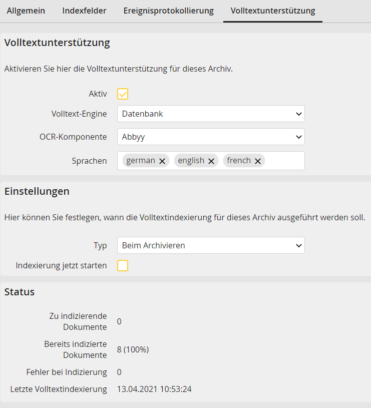 Archiv bearbeiten – Registerkarte Volltextunterstützung