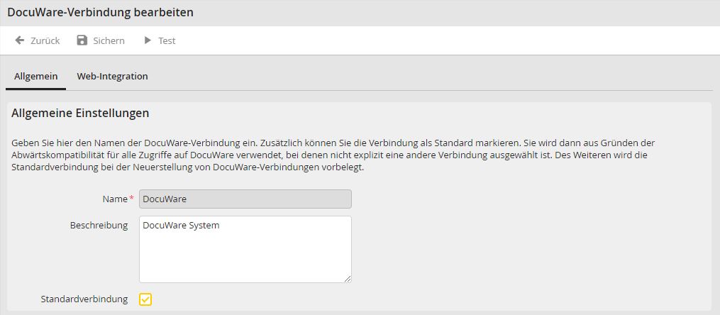 DocuWare-Verbindung bearbeiten: Allgemeine Einstellungen. DocuWare-Verbindung bearbeiten: Allgemeine Einstellungen.
