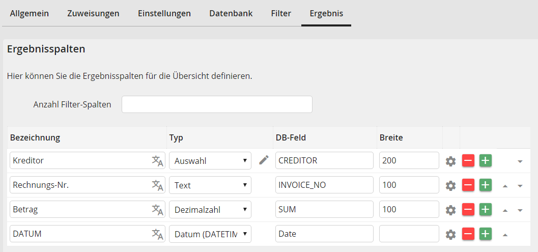 Ergebnisspalten definieren