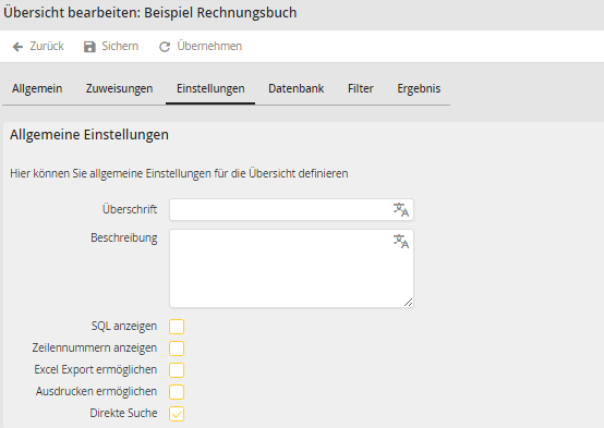 Allgemeine Einstellungen für Übersicht Allgemeine Einstellungen für Übersicht