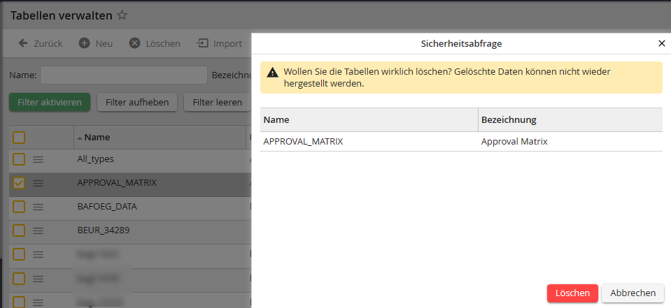 Tabelle löschen (Sicherheitsabfrage) Tabelle löschen (Sicherheitsabfrage)