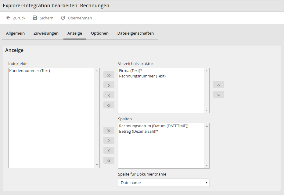 Registerkarte Anzeige: Indexfelder für die Anzeige konfigurieren Registerkarte Anzeige: Indexfelder für die Anzeige konfigurieren
