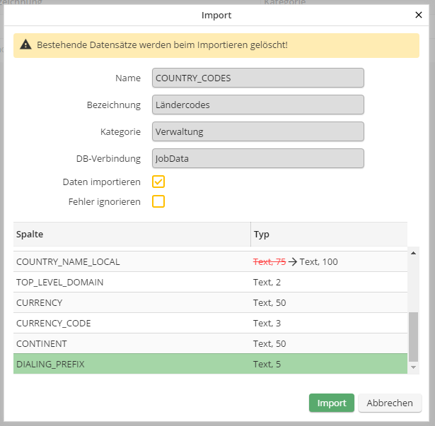 Tabelle importieren: Eigenschaften anpassen Tabelle importieren: Eigenschaften anpassen