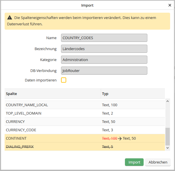 Tabelle importieren: Möglicher Datenverlust beim Import Tabelle importieren: Möglicher Datenverlust beim Import