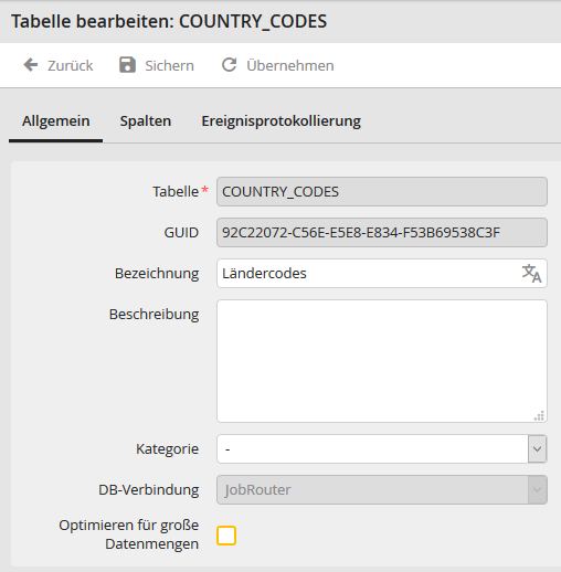 Tabelle bearbeiten: Registerkarte Allgemein