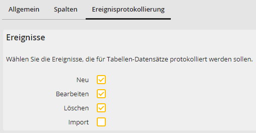 Tabelle definieren: Ereignisprotokollierung Tabelle definieren: Ereignisprotokollierung