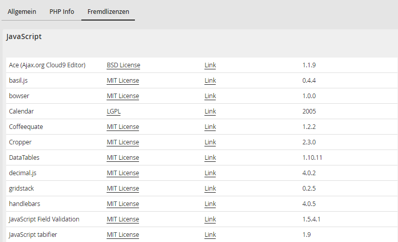 Systeminformationen - Fremdlizenzen